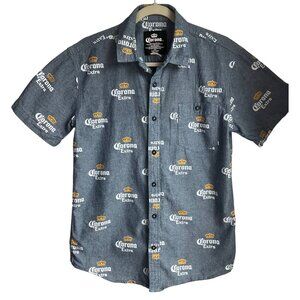 Corona Mens Sz Medium Blue Button Down Shirt all over print spell out Chambray C